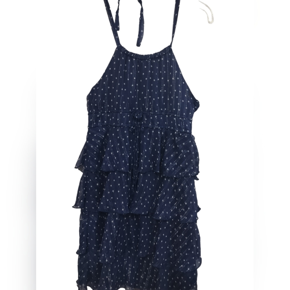 1258)Hype Navy Grey Star print Ruffle Tiered Halter neck Dress Size 16 (Girls)